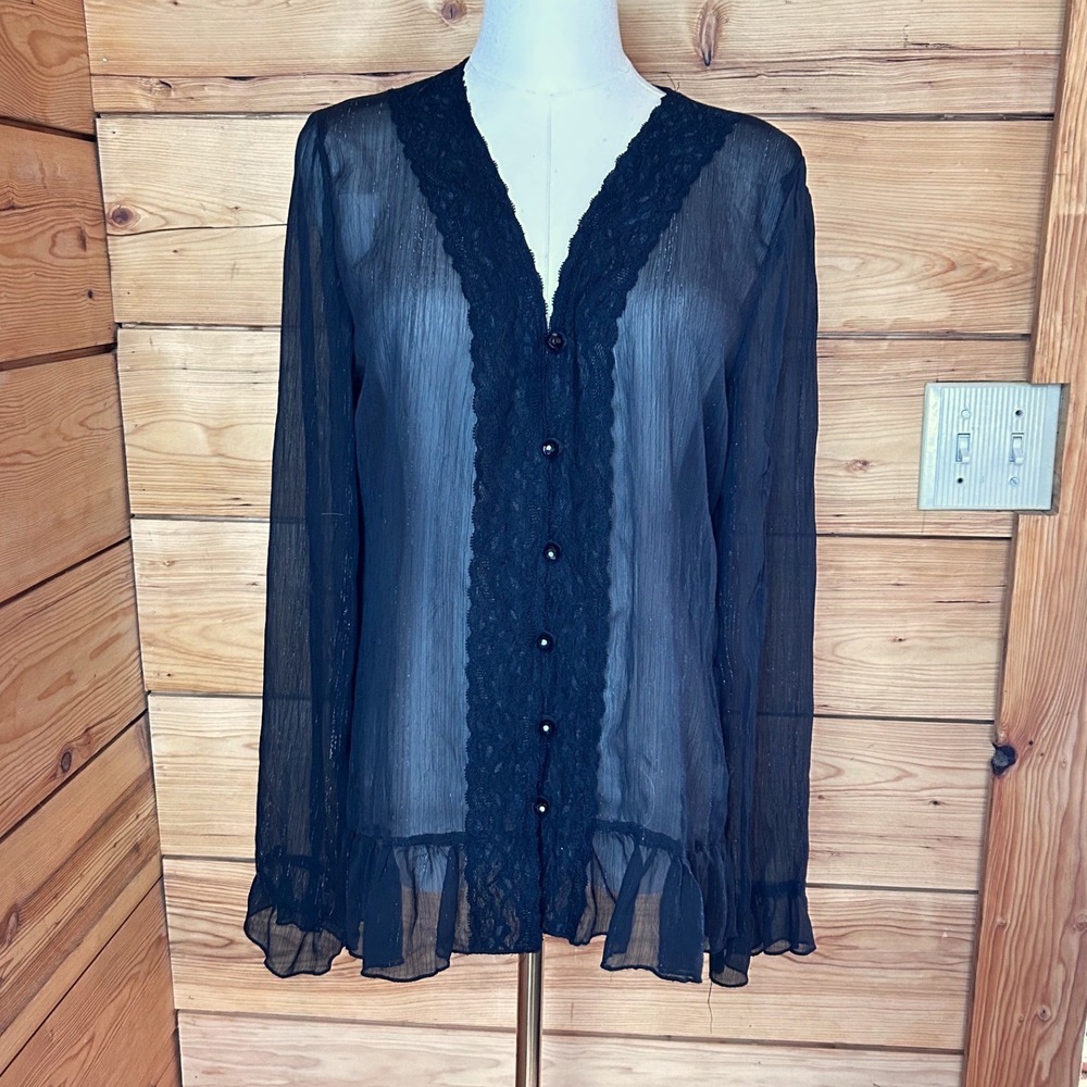 Vintage Sheer Lace Trim Blouse Size Large Black Shimmer Whimsygoth Dark Romantic